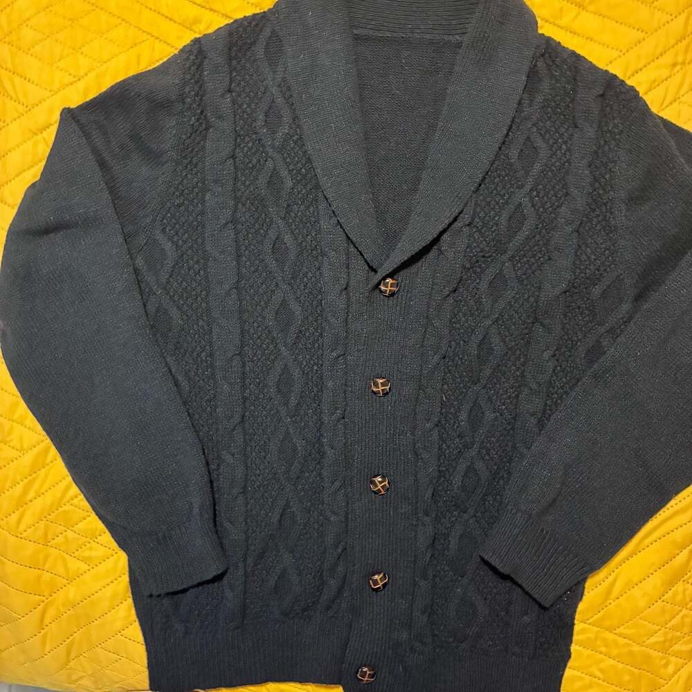Unbranded Men's Black Shawl Collar Cable Knit Button-Down Cardigan Sweater